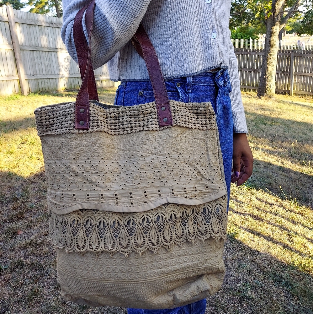 Tan Lace Large Mona B. Tote Bag